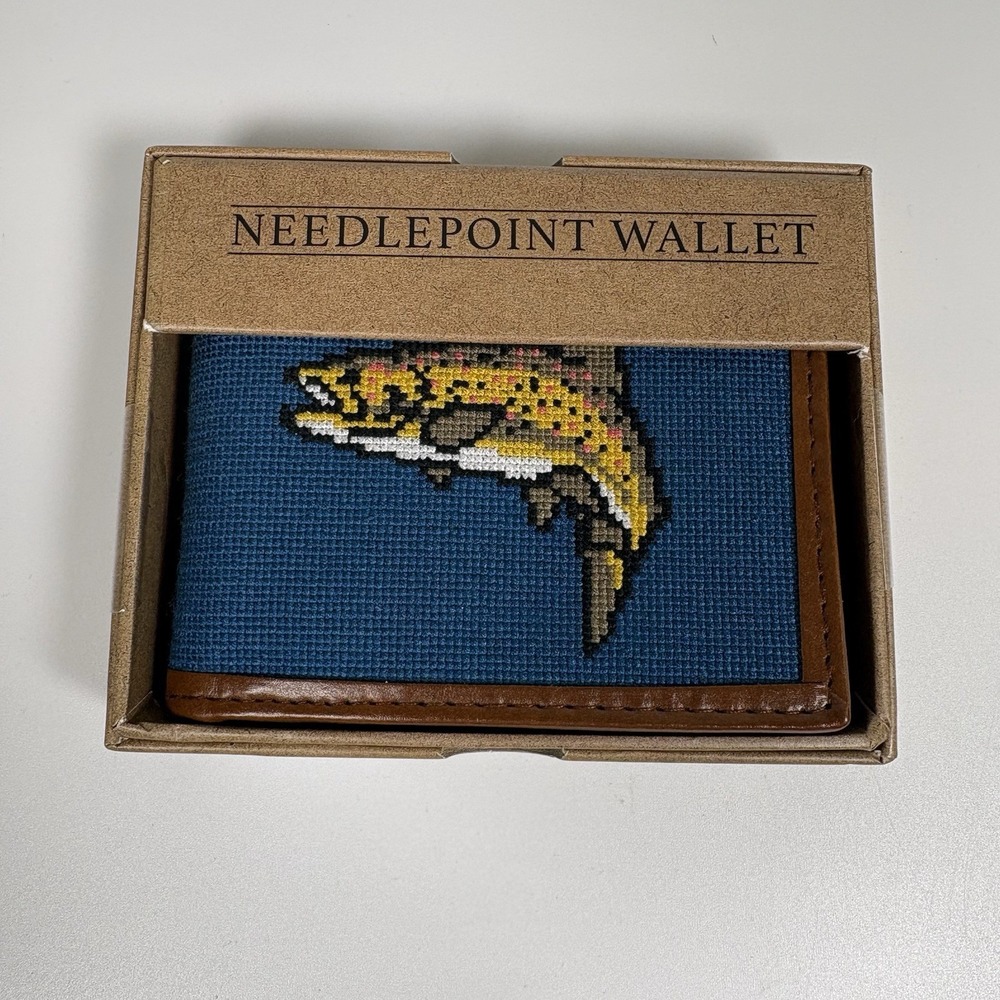 Kraftsman Co Needlepoint Wallet Trout Fly Fishing Blue Brown New in Box